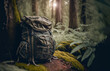 © Marko Duca - Travel backpack or old military hunting bag leaning against a tree on the forest floor. Travel, hiking and camping concept, copy space for text.