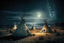 Native American Village With Traditional Native Indian Teepees During Full Moon Night. Peaceful Indigenous People's Village Nested In A Valley In The Evening. Generative Ai