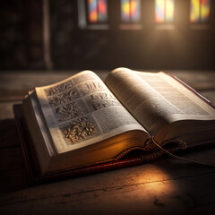 holy bible. An open book is reflected in table. Book as a symbol of bible. Concept - reading christian literature. praying. Religion . Jesus Christ, Son of God. old holy scripture