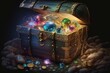 Treasure chest full of precious stones and gold coins. Generative AI illustration