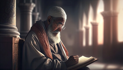 muslim old man praying on a starry and crescent moon moon night. Eid mubarak, eid al fitri, eid al adha, isra' mi'raj and Ramadan mubarak, ramadhan kareem concept. Generative AI	