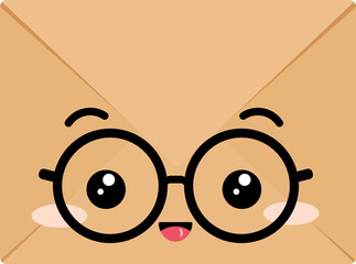 Wall Mural - Craft envelope cute kawaii character with eyeglasses. Clever closed kraft envelope vector clip art. Folded brown paper letter illustration happy smiling emoticon.