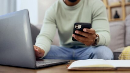 Aufkleber - Phone, laptop and man hands typing while doing research for a freelance project in his living room. Technology, keyboard and male freelancer working online with a computer and cellphone at his home.
