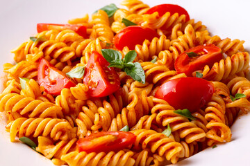 Fusilli pasta, spiral or spirali pasta with tomato sauce - Italian food style