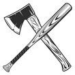 Lumberjack axe with baseball bat club emblem design elements template in vintage monochrome style isolated vector illustration