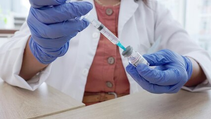 Wall Mural - Covid vaccine, medical syringe and woman doctor hands in a hospital with laboratory medicine. Wellness, healthcare and clinic employee with corona protection and safety liquid for vaccination