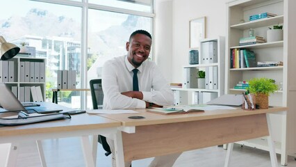 Canvas Print - Face of business black man at office desk for administration, office management and planning in leadership mindset. Happy african worker, employee or professional person in corporate workplace or job