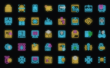 Sticker - Hacker attack icons set outline vector. Fraud attack. Criminal cyber neon color on black