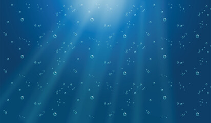 Wall Mural - Underwater background with water bubbles and undersea light rays shine