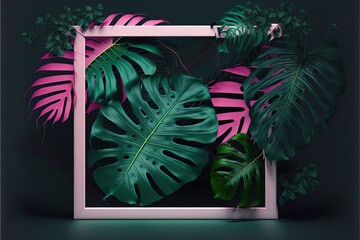 Wall Mural - Beautiful colorful tropical leaves with neon frame on dark background. Abstract background or wallpaper Generative AI.