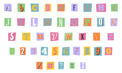 anonymous criminal letters, numbers and punctuation cut from magazines. clipping alphabet in trendy 