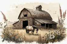 Illustration Of An Old American Style Barn With An Old Horse On A Fenced Pasture, Flowers In The Foreground