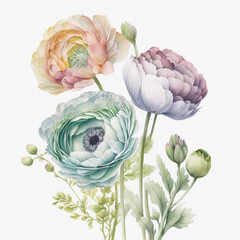 Wall Mural - Watercolor pastel ranunculus flower, created with generative AI