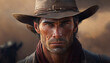 cowboy from a game, big brown cowboy hat, beard stubble