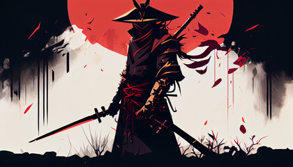 Wall Mural - Samurai  with katana flat illustration. Generative AI