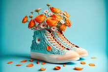 Illustration Realistic Shoes With Flowers On A Colored Background. Generative Ai