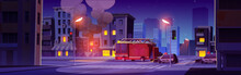 Fire In House, Firefighter Truck And Police Car On City Street At Night. Burning Town Building With Flame In Windows, Black Smoke And Red Emergency Rescue Vehicle On Road, Vector Cartoon Illustration