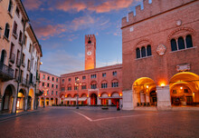 Treviso, Italy. Cityscape Image Of Historical Center Of Treviso, Italy With Old Square At Sunrise.