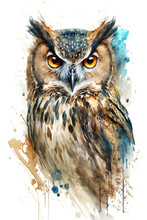 Illustration Owl In Watercolor. Animal On A White Background, Generative AI