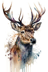 Wall Mural - Illustration deer in watercolor. Animal on a white background, generative AI