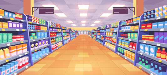 aisle in grocery store and shelves with food vector background. supermarket interior background pers