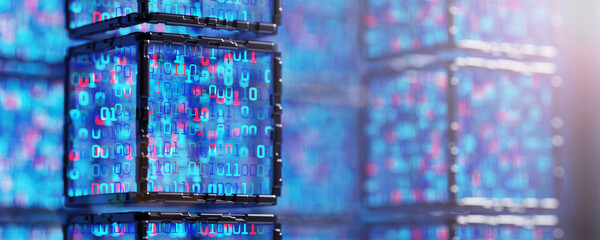Cube with binary code. Abstract tech background. Abstract space background. Digital technology background. Computer code. Digital technology background. Blockchain Network, Data Stream. 3d rendering.