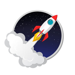 Wall Mural - space rocket launch model icon and flame on night sky and smoke background. logo or banner