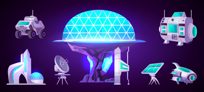 vector spaceship and station to explore galaxy. cartoon set space science base with rover, shuttle, 