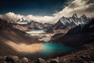 View of Cholatse and Taboche peaks from Gokyo Ri, Sagarmatha national park, Khumbu valley, Nepal, AI generated