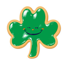 Sugar Cookie Shamrock Shape With Green Glazing And Smiling Face Design - St Patrick Dessert Food - Transparent Background Png Food Clipart