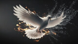 Fototapeta Londyn - AI generated Flying white dove with fire effect on dark background. Symbol of peace. Gifts of holy spirit concept