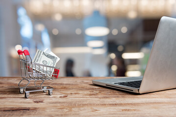 Wall Mural - Desk Workplace with a comfortable and shopping cart concept work table in the background that