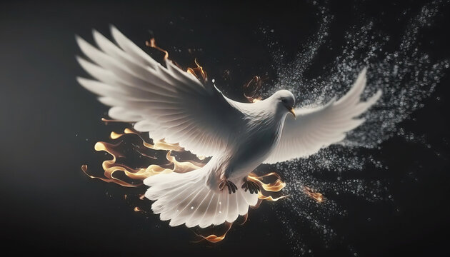 ai generated flying white dove with fire effect on dark background. symbol of peace. gifts of holy s