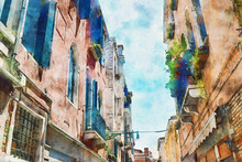 Picturesque Narrow Street With Medieval Buildings In Venice, Italy. Watercolor Painting.