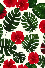 Wall Mural - Seamless vintage pattern with green big leaves and red flowers on white background. Generative AI