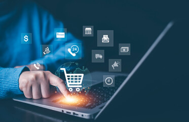 businessman using a laptop with online shopping concept, marketplace website with virtual interface 