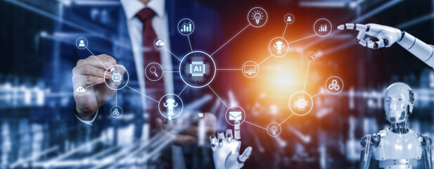 Wall Mural - businessman with ai robots touch virtual global with artificial intelligence (ai), on the big data n