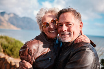 Poster - Travel, smile and portrait of senior couple enjoying holiday, adventure and vacation in countryside. Retirement, love and happy old man and woman in Italy for bonding, quality time and relax together