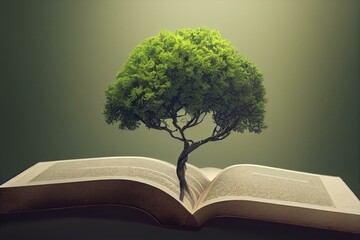 A tree growing in an open book symbolizing the book of knowledge, generative AI