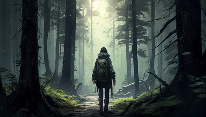 A solitary trek discovering the forest alone, alone person in misty forest, generative ai