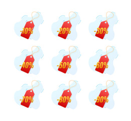 Sticker - Sale tags. Special offer discount tag 10, 10, 20, 30, 40, 50, 60, 70, 80, 90 percent off price. Discount promotion