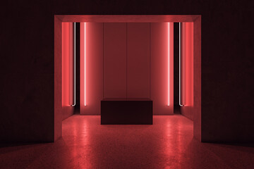 Wall Mural - Abstract red room interior with podium and mock up place. 3D Rendering.