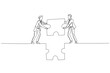 © rina - Illustration of businessman and partner hold puzzle and try to make bridge. Concept of cooperation. Single continuous line art style