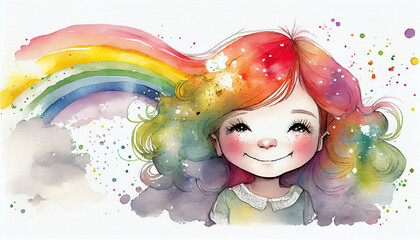 Rainbow luxe adorable happy rainbow girl drawen, generative ai