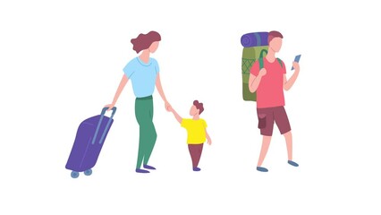 Poster - Cartoon Color Characters Tourists with Luggage Travel Concept Flat Design Style. Animation Effect Illustration of Mom with Child and Boy with Bags