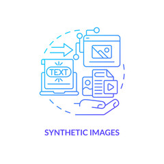 Synthetic images blue gradient concept icon. Computer produced models. AI generated media type abstract idea thin line illustration. Isolated outline drawing. Myriad Pro-Bold font used