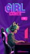 Girl gamer or streamer with a headset sits in front of a computer