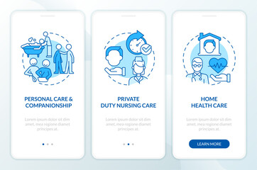 Wall Mural - home health care types blue onboarding mobile app screen. walkthrough 3 steps editable graphic instr