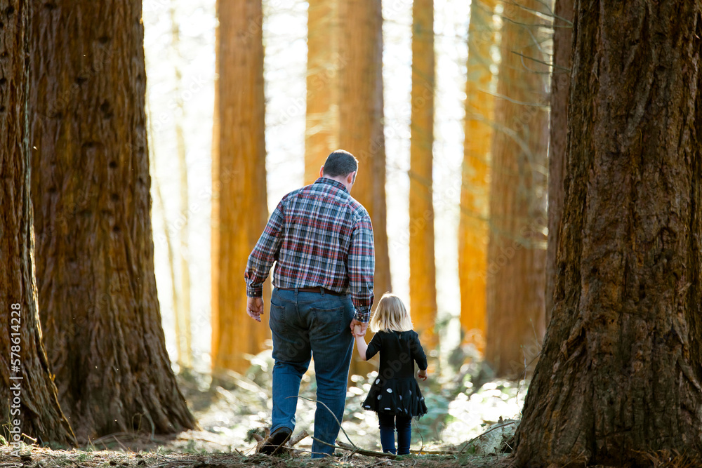 Father holding hands with his daughter while walking in nature park ...