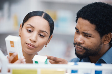 Sticker - Pharmacist, worker and helping patient with medicine information, pills instructions or medical consulting in store. Pharmacy woman, black man and customer with retail drugs or healthcare product box